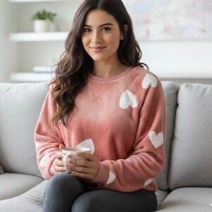 LOFT Cozy Plush Fleece Heart Print Pullover Sweatshirt Pink & White - Size S